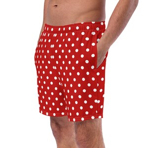 Red Polka Dots Printed Men&#39;s Swim Trunks, Summer Beach Trunks, Swimming Trunks, Bathing Suit, Swim Wear, Rave Festival Shorts, Gifts for Him