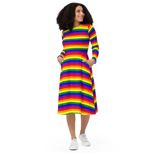 Rainbow Pride Midi Dress, LGBTQ Women Full Sleeves Dress, Lesbian Pride Dress, Colorful Dress with Pockets, Asexual Bisexual Dress, Gifts