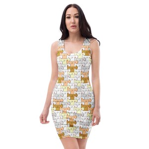 May include: Sleeveless bodycon dress featuring a repeating pattern of cartoon figures in shades of brown, tan, gray, and yellow on a white background. The dress has a scoop neckline and a form-fitting silhouette, suitable for casual wear.