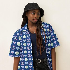 peace sign dress shirt Embroidered Peace Sign Short-Sleeve Tie-Front Shirt