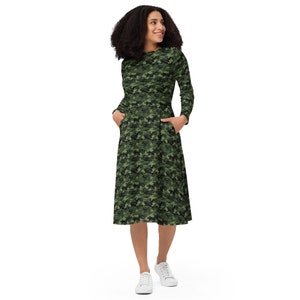 Camouflage Printed Midi Dress, Casual Evening Dress, Beach Dress, All over Print Camo Dress with Pockets, Long Sleeve, Holiday Dress