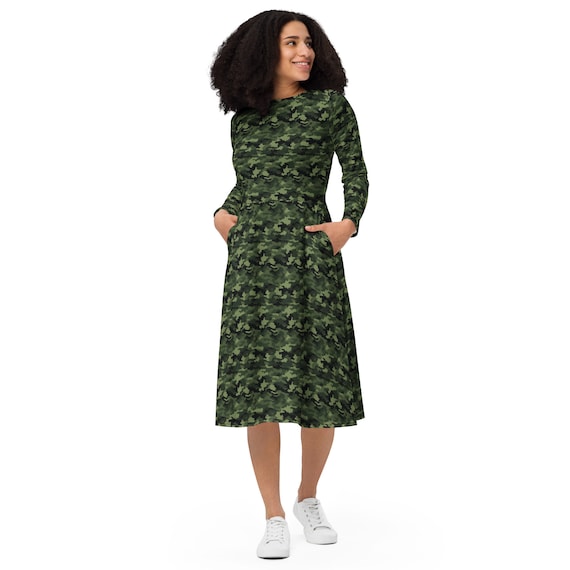 Camouflage Printed Midi Dress, Casual Evening Dress, Beach Dress, All over Print Camo Dress with Pockets, Long Sleeve, Holiday Dress