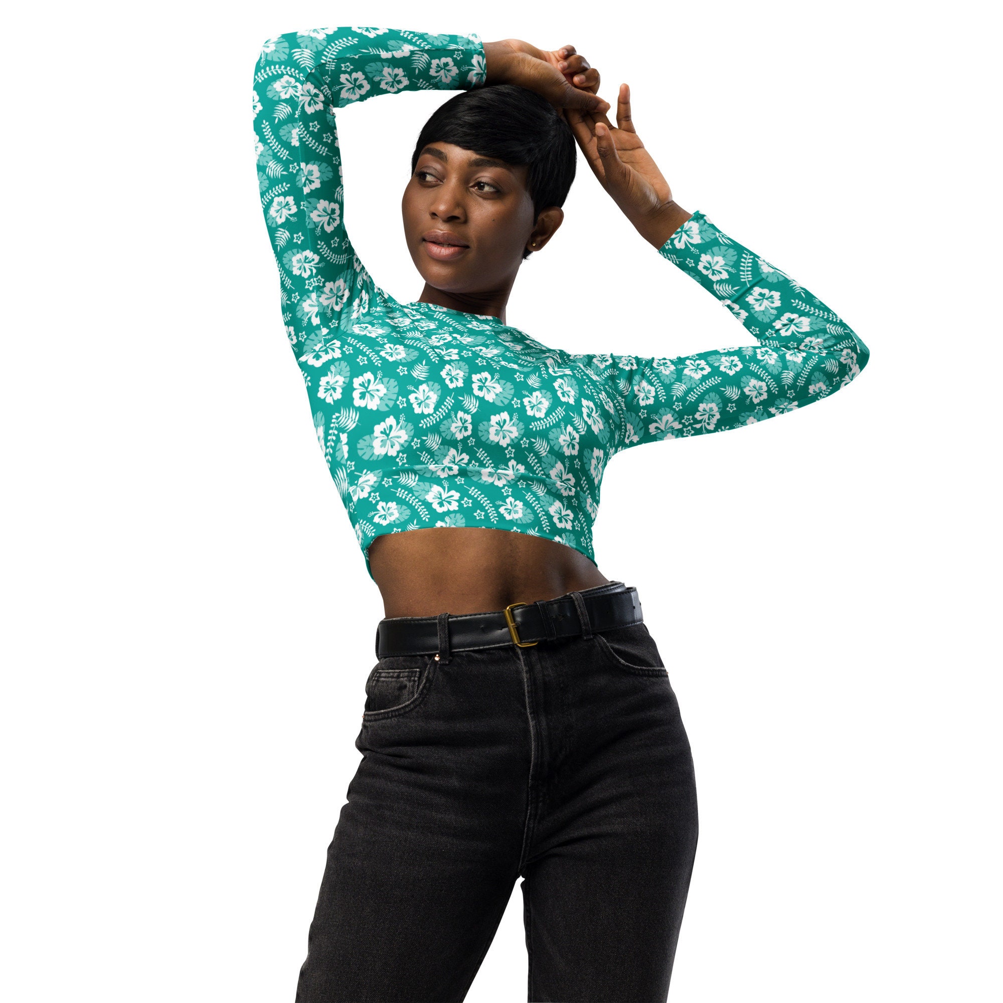 Colorful Teal Hawaiian Flowers Crop Tops Women, AOP Floral Long