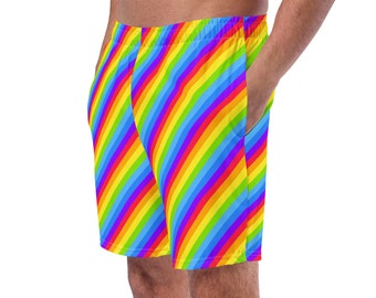Gay Pride Men's Swim Trunks, Rainbow Striped Mens Swimwear, Swim Briefs, Bathing Suit, Men’s Shorts, Activewear, Surfing Shorts, Gay Gift
