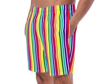 Gay Pride Men's Swim Trunks, Rainbow Striped Mens Swimwear, Swim Briefs, Bathing Suit, Men’s Shorts, Activewear, Surfing Shorts, Gay Gift