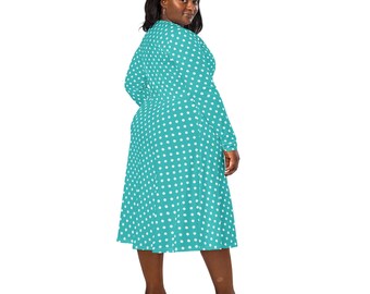 Teal Polka Dots Printed Midi Dress, Casual Evening Party Dress