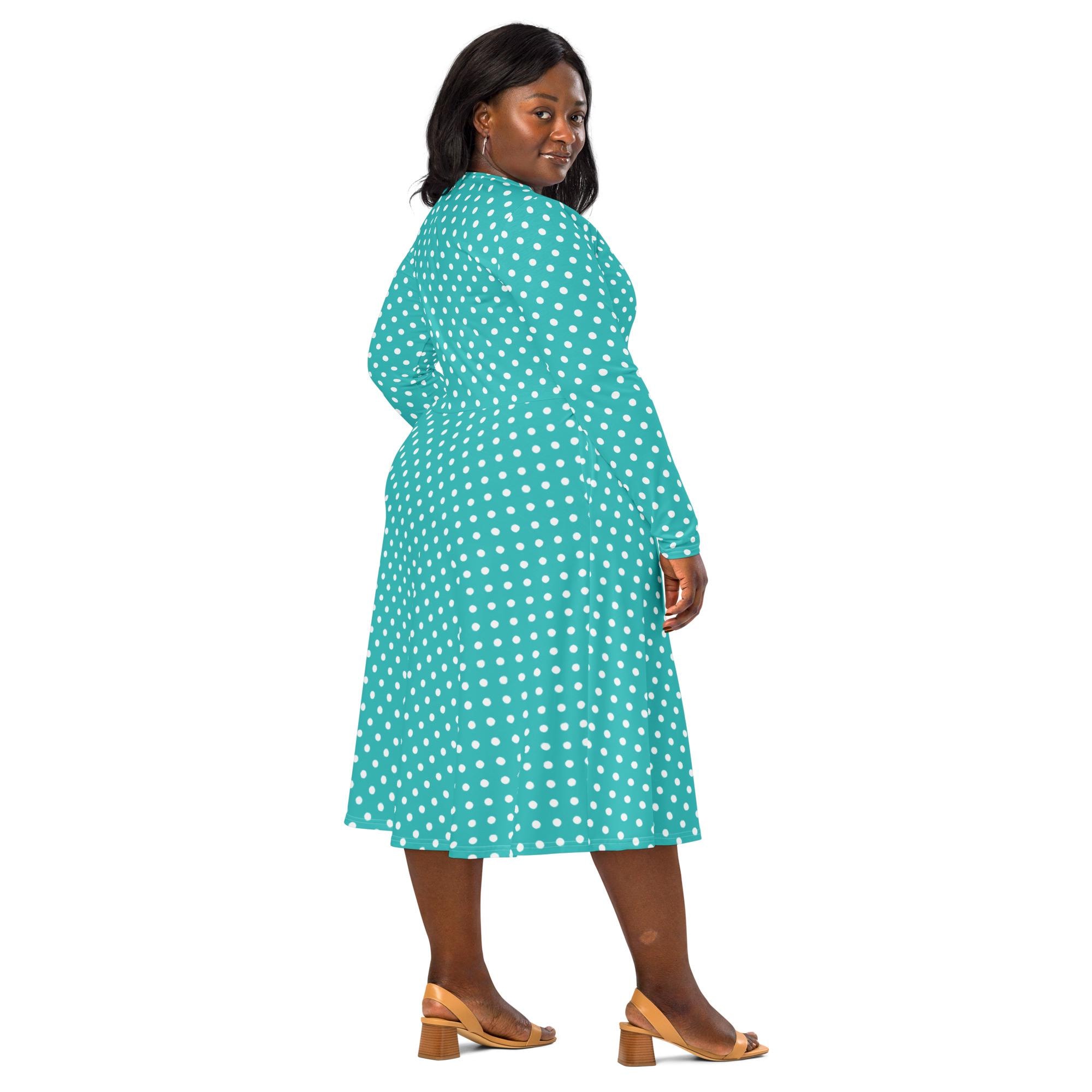 エステラケー　Abby Polka-Dot Dress ドット　ワンピース　長袖 Teal Polka Dots Printed Midi Dress, Casual Evening Party Dress