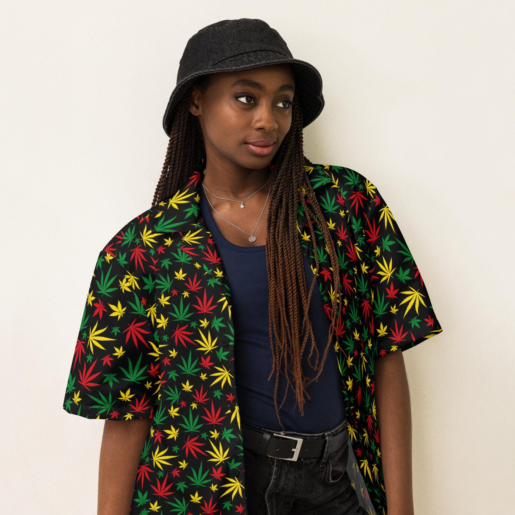 【nana】siiilon×cannabis セーター Marijuana Cannabis Leaf Printed Unisex Button Down Shirt, All Over