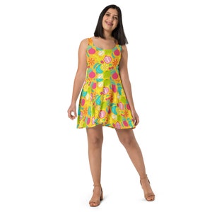 Colorful Fruit Printed SkaterDress, Aesthetic Summer Beach Dress, Casual Sleeveless Dress, All over Print Loungewear Dress, Foodie Gift