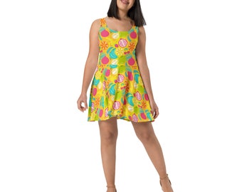 Colorful Fruit Printed SkaterDress, Aesthetic Summer Beach Dress, Casual Sleeveless Dress, All over Print Loungewear Dress, Foodie Gift