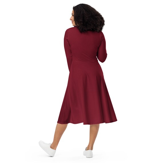Solid Burgundy Midi Dress Women, Full Sleeves Evening Party, Round Neck Party Dress, Plain Summer Beach Dress, Casual Dress with Pockets