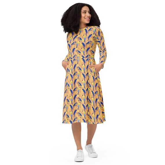 bird print midi dress Off-Shoulder Midi Dress With Contrast Straps Black Print Birds XXL