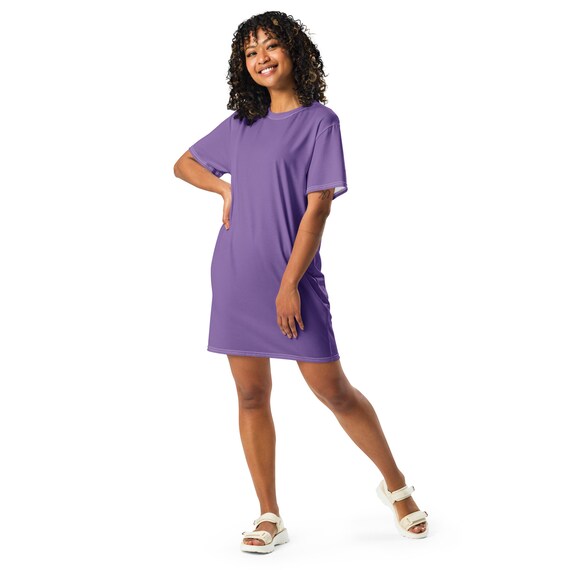 purple t shirt dress Solid Printed T-shirt for Women, Cute Aesthetic Fashion Dress, All over Print, Loungewear, Aloha Hawaiian Beach Dress Elevate your wardrobe with this sophisticated knit dress featuring a versatile mini length and a classic crew neckline Solid Purple Printed T-shirt Dress