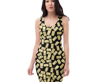 Dominos Printed Bodycon Dress, All Over Print Fashion Evening Party Dress, Summer Beach Dress, Domino Player Gifts