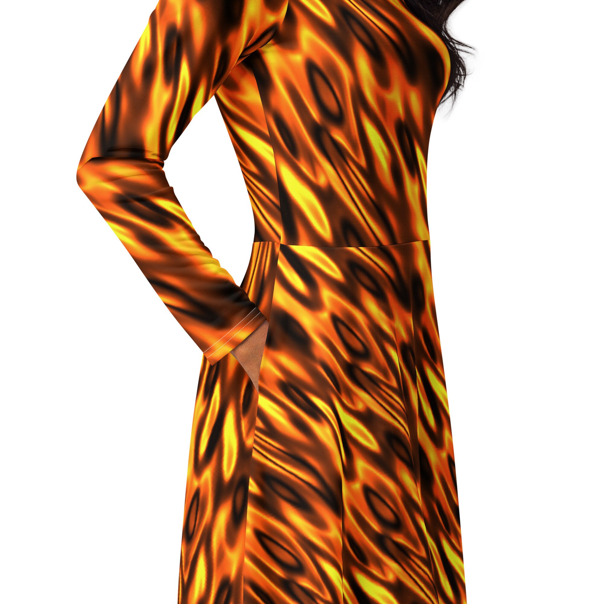 lady fyre dress Fire Flame Printed Dress, Aesthetic Midi Dress, Full Sleeves Fluffy Fire Dress, Summer with Pockets, Pretty Festival Dress, Plus Size green rhythm dress under $1500