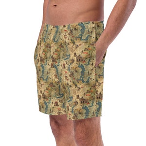 Old World Fantasy Map Printed Mens Swim Trunks, All over Print Swimming Trunks Shorts, Aesthetic Summer Beach Pool Swim Trunks, Sporty Trunk