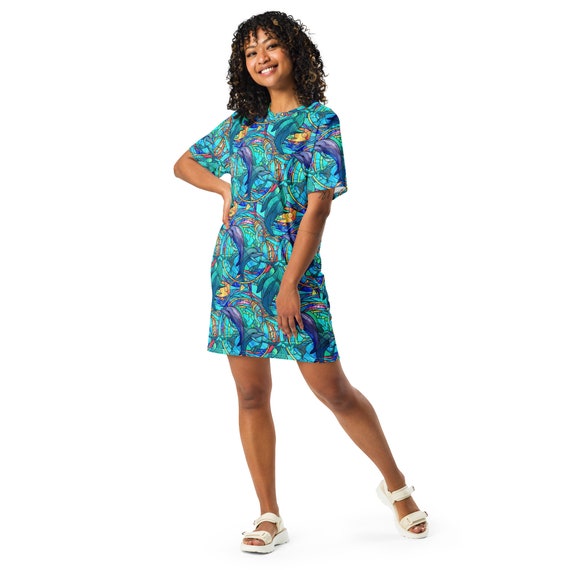 Nautical Dolphins T-shirt Dress Women, Casual Aesthetic Dress, Rave Outfit, Short Sleeve, Dolphin Lover Gift, all over Print, Beach Dress