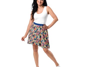 Butterflies Printed Skater Skirt, Colorful Plus Size Skirt for