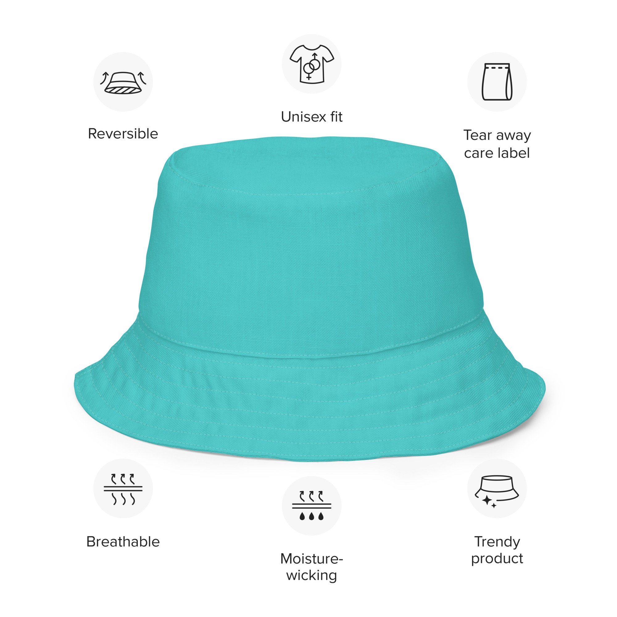 Solid Teal Turquoise Reversible Bucket Hat, Summer Fashion