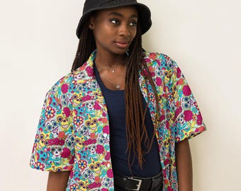 Sugar Skulls Unisex Button Down Shirt, All Over Print Casual Aesthetic Shirt, Hippie Collared Shirt, Day of the Dead Gifts for Him or Her