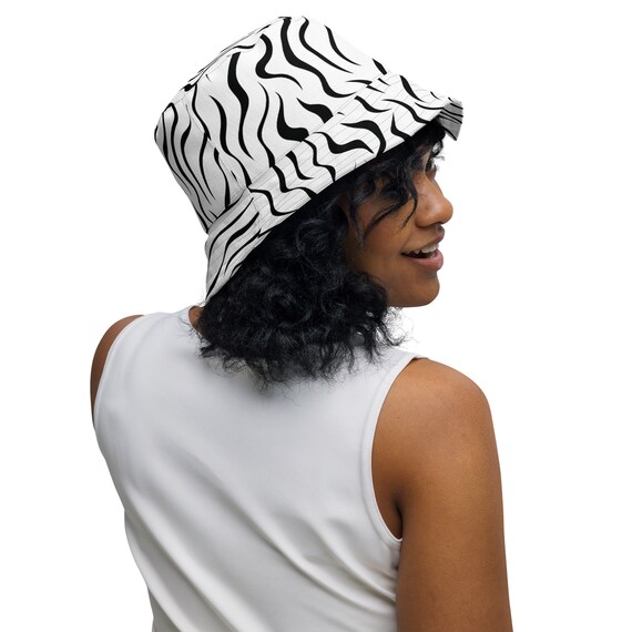 Zebra Stripes Printed Reversible Bucket Hat, Casual Summer Beach