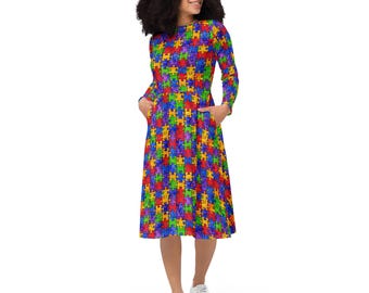 Jigsaw Puzzle Pieces Printed Midi Dress, Elegant Summer Beach Dress with Pockets, Evening Party Dress, Long Sleeve Aesthetic Dress