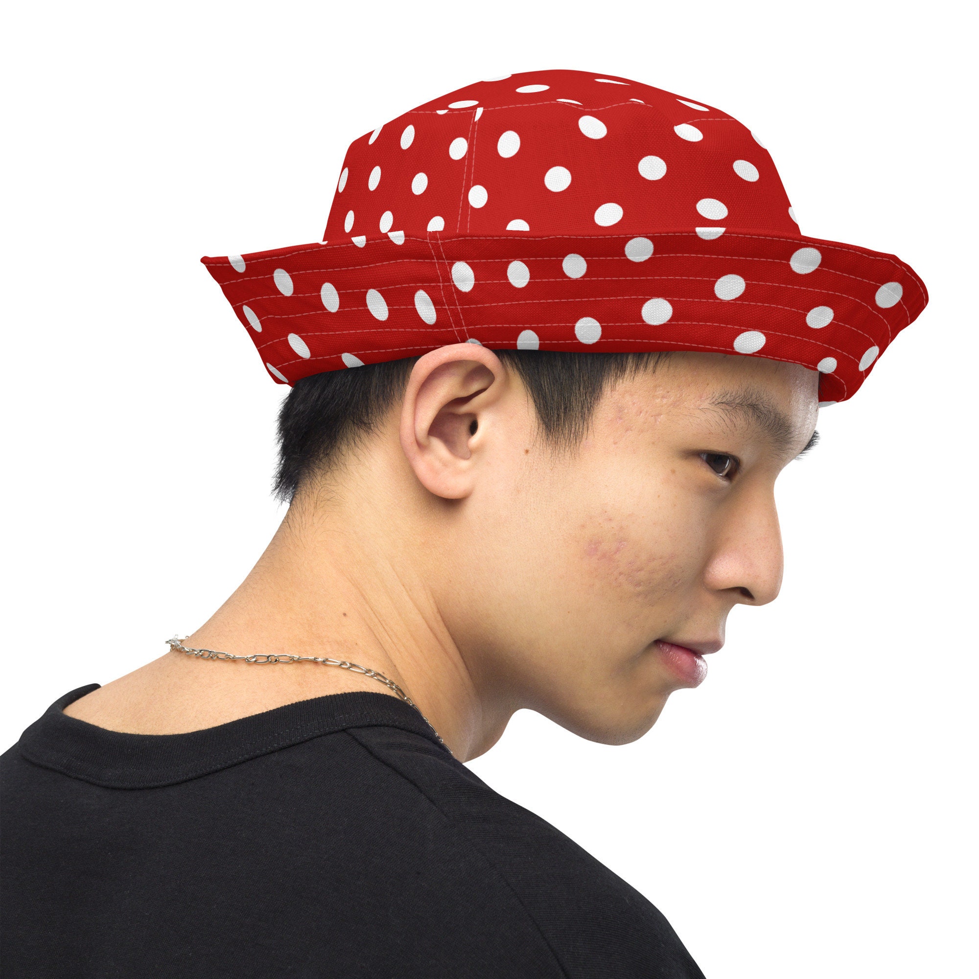 Red Polka Dots Printed Reversible Bucket Hat, Aesthetic 