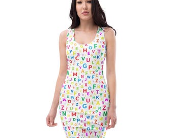 Alphabet ABCs Printed Bodycon Dress, Letters AOP Summer Fashion Dress, Fitted Sexy Evening Dress, Rave Party Dress, Teacher Gifts