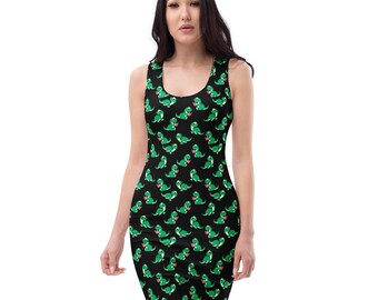 T-Rex Dinosaur Printed Bodycon Dress, Casual Dress, Fitted Resort Dress, Funny Summer Beach Dress, T-Rex Lover Gift