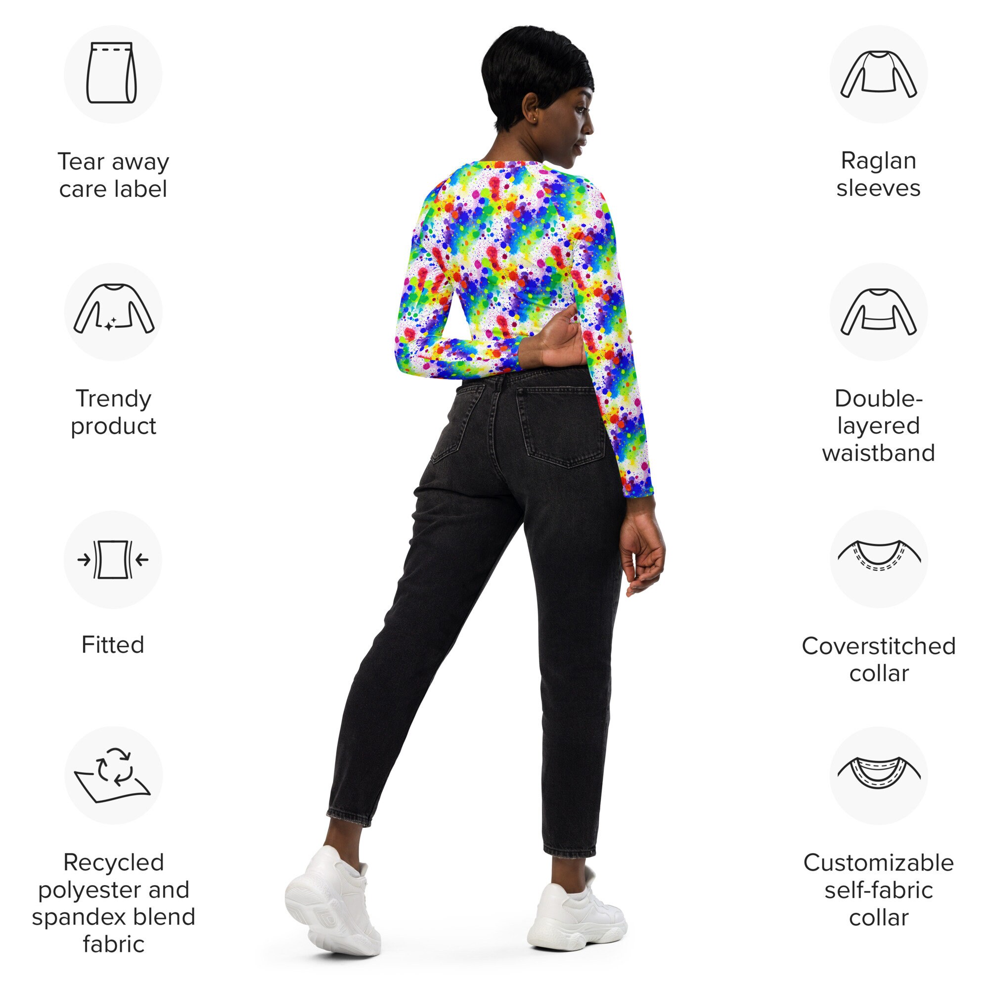 Spray Paint Graffiti Printed Crop Top, Long Sleeve Gym Crop Top