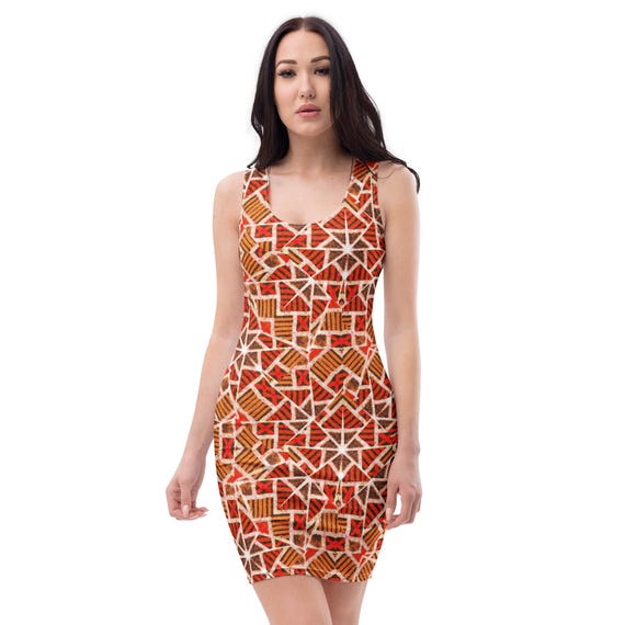 aztec bodycon dress Aztec Mosaic Tiles Printed Bodycon Dress, AOP Summer Fashion Dress, Fitted  Sexy Evening Dress, Rave Party Dress, Traveler Gifts