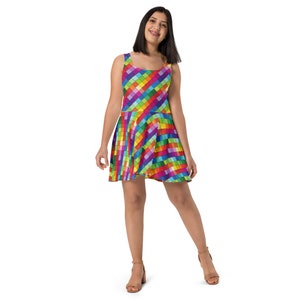 Rainbow Checker Skater Dress, Women Skater Dress, LGBTQ Skater Dress, Gay Pride Flag Dress, Lesbian Pride Skater Dress, Cute Colorful Dress