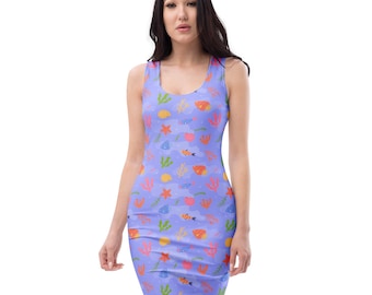 Under the Sea Printed Bodycon Dress, Beach Party Dress, Sea Creature, Starfish Fashion Dress, Sexy Dress, Ocean Lover Gift