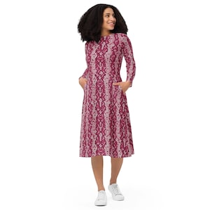 Snake Skin Print Midi Dress, Round Neck Prom Party Dress, Long Sleeve Casual Dress with Pockets, Reptile Snake Lover Gift, Loungewear Dress
