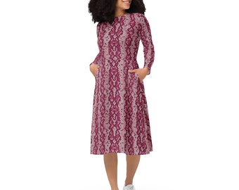 Snake Skin Print Midi Dress, Round Neck Prom Party Dress, Long Sleeve Casual Dress with Pockets, Reptile Snake Lover Gift, Loungewear Dress