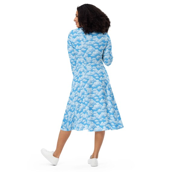 knee length dresses for ladies Sky-Blue Puff-Sleeve Midi Dress – trinarosh main image 1