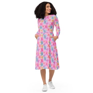 Colorful Flowers Printed Midi Dress, Aesthetic Floral Summer Dress with Pockets, Pretty Botanical Dress, Evening Party Dress, Gifts for Her
