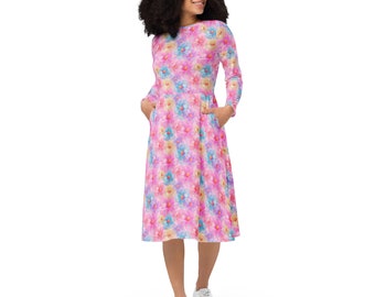 Colorful Flowers Printed Midi Dress, Aesthetic Floral Summer Dress with Pockets, Pretty Botanical Dress, Evening Party Dress, Gifts for Her