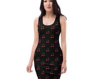 Cherries Fruit Printed Bodycon Dress, Foodie All Over Print Tropical Beach Dress, Holiday Parties Dress, Tight Dress, Vegan Gifts