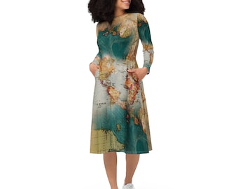 Alligator Skin Printed Midi Dress, Summer Dress with Pockets, Evening Party Dress, Beach Dress, Long Sleeve Aesthetic Dress, Gifts for Her Alligator Skin Printed Midi Dress, Summer Dress with Pockets, Evening Party Dress, Beach Dress, Long Sleeve Aesthetic Dress, Gifts for Her