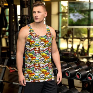 Comics Books Superhero Printed Men&#39;s Tank Top, DC Superhero AOP Gym Workout Tank, Comics Lovers Gifts, Fitness Top, Gym Gifts for Him