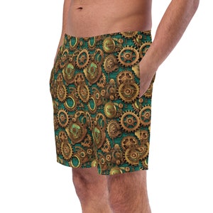 May include: Green and gold patterned shorts with a design of interlocking gears.