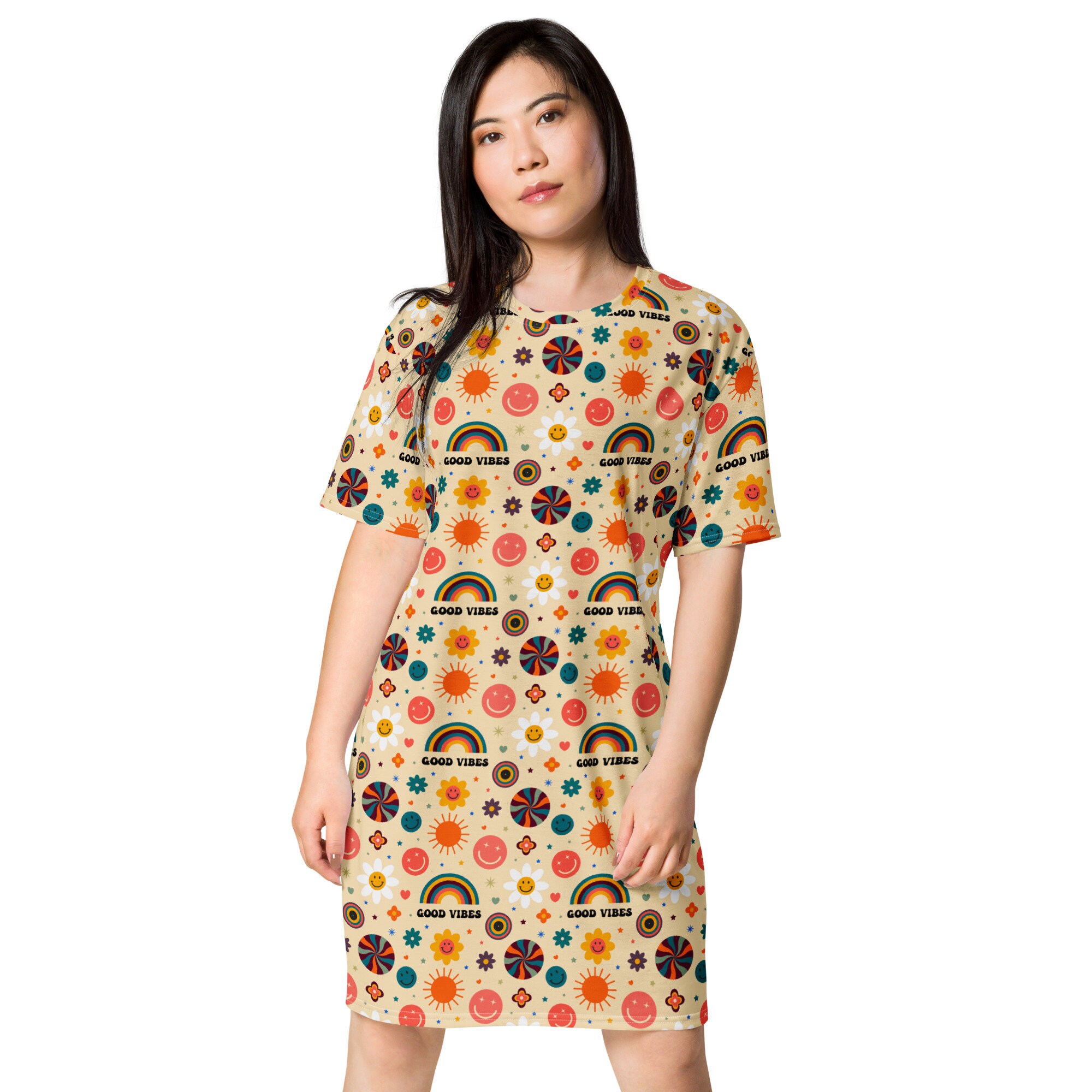 good vibes t shirt dress Good Vibes Printed T-shirt Dress, Streetwear Aesthetic Tee shirt Dress, All over print, Comfy Loungewear Dress, Loose Fit, Urban Clothing