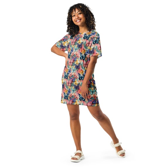 butterfly t shirt dress Butterfly Insect Printed T-shirt Dress for Women, Butterfly Lover Gift, Aesthetic Shirt Dress, Cute Lounge wear Shirt, Casual Beach Dress