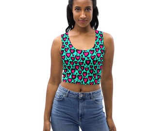 Cheetah Hearts Printed Women Tank Top, Valentine’s Day Cropped Tank Top Shirt, Workout Fitness Athletic Top, Valentine's Day Gifts for Her