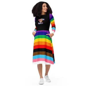 Rainbow Pride Midi Dress, LGBTQ Women Full Sleeves Dress, Lesbian Pride Dress, Colorful Dress with Pockets, Asexual Bisexual Dress, Gifts