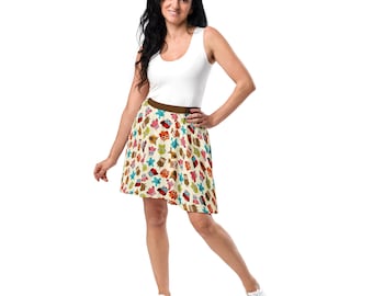 Owls Bird Printed Skater Skirt, Colorful Plus Size Skirt for Women, All Over Print Unique Animal Patterned Skirt,Comfy Stylish Fashion Skirt