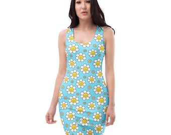 Smiling Daisy Flowers Printed Bodycon Dress, Casual Evening Party Dress, All Over Print Aesthetic Floral Dress, Gifts for Her