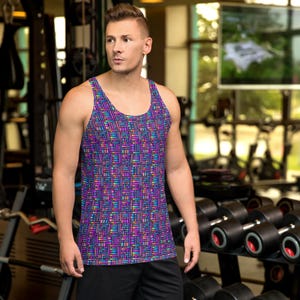 Purple Mosaic Printed Men&#39;s Tank Top, All Over Print Unique Gym Workout Tank Top, Comfy Muscle Tank, Sleeveless Top Shirt, Gym Gift for Him