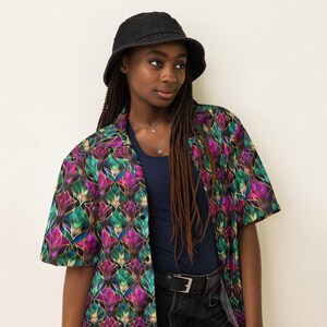 Stained Glass Peacock Button Down Unisex Shirt, Colorful Aesthetic Summer Beach Shirt, Casual Animal Bird Print Shirt, All Over Print, Gift